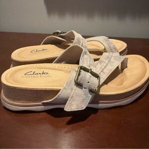 Clarks Cream Sandals with Woven Straps and Contoured Footbed